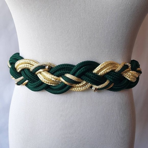 Vtg 80s Green & Gold Braided Rope Belt with Fish Hook Buckle, Fits 28" Waist - Picture 1 of 8